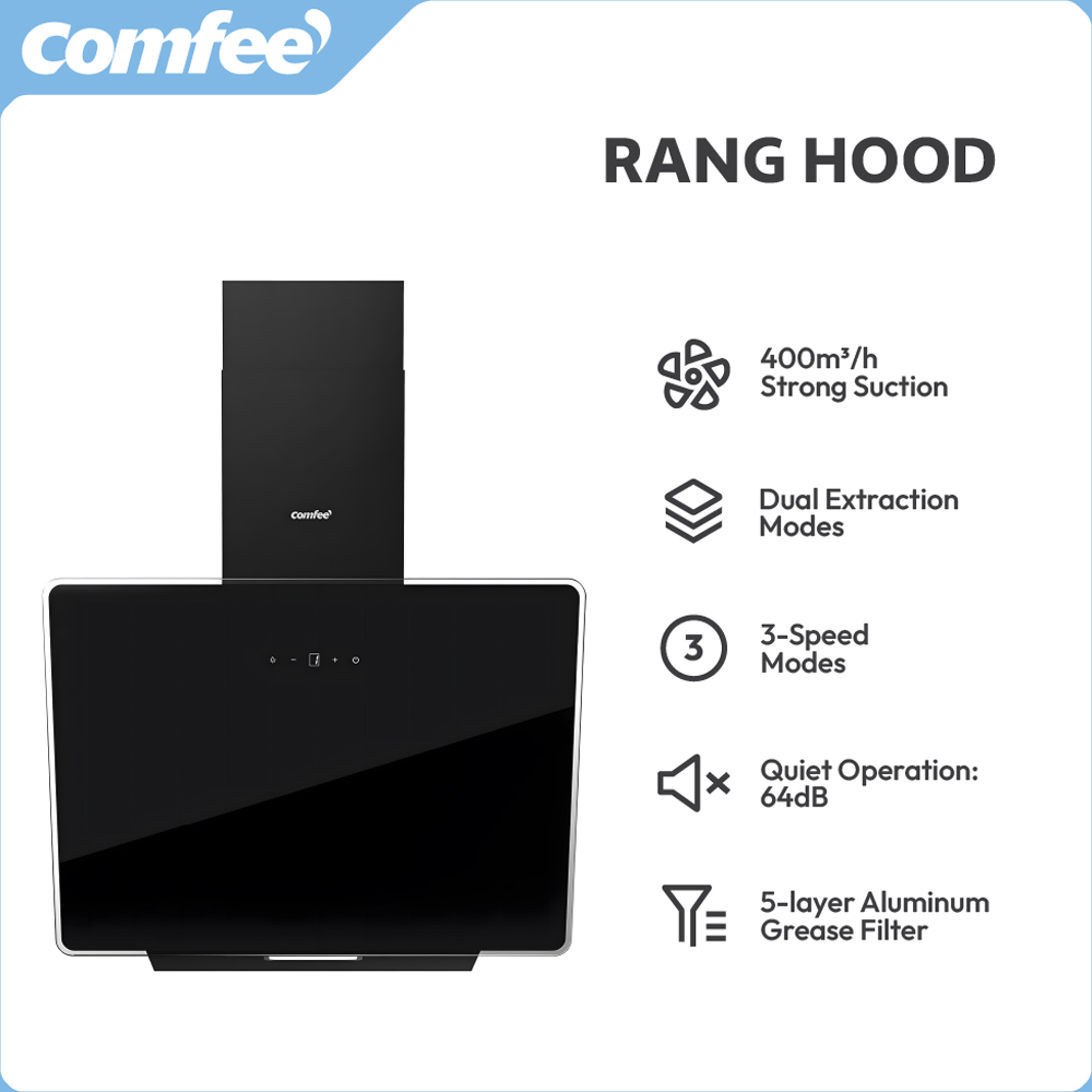 Comfee AJ0411 Black 60cm 3 Speed Angled Chimney Cooker Hood with LED Image 6
