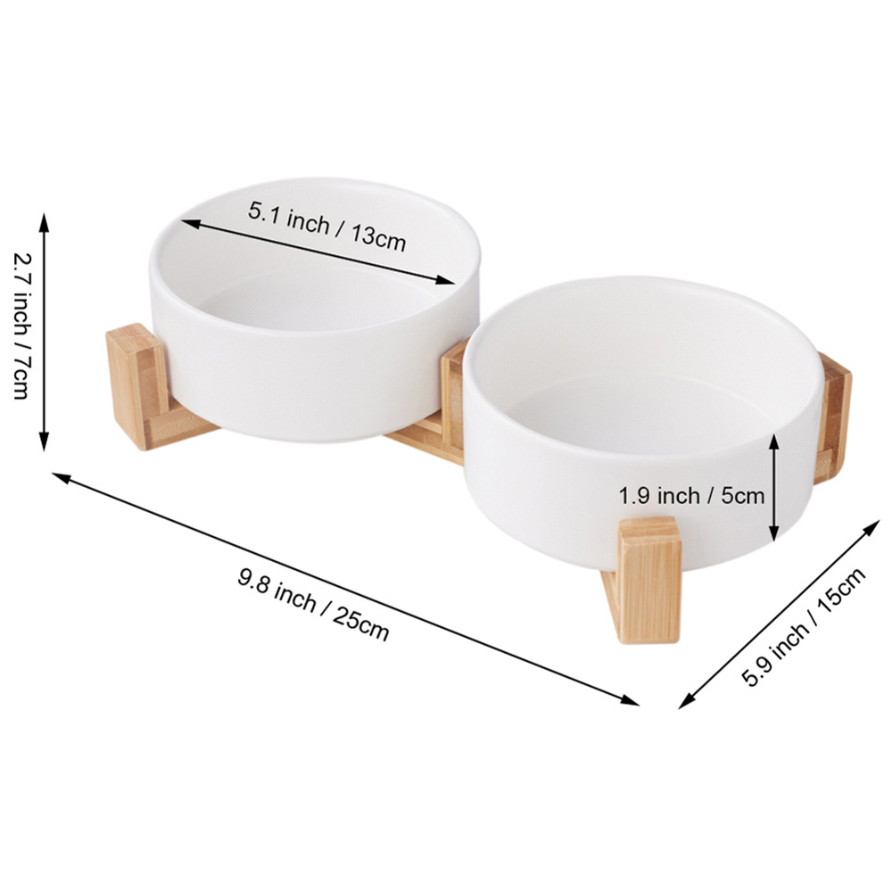 H&O Direct White Double Ceramic Bowl Pet Feeder with Wooden Stand Image 3
