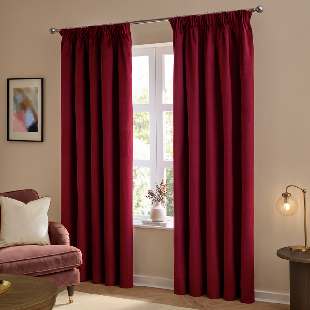 Furn The Ultimate Burgundy Velvet Fully Lined Pencil Pleat Curtains 117 x 137cm Image 1