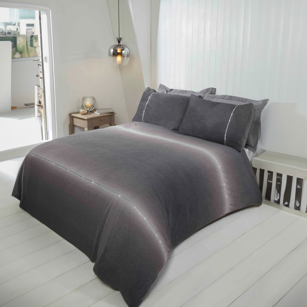 Rapport Home Diamante Double Grey Teddy Fleece Duvet Cover Set Image 1