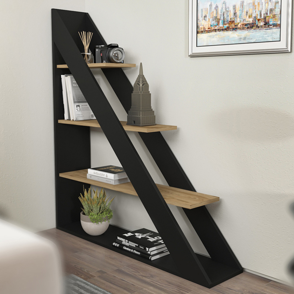 Decorotika Pisagor 4 Shelf Black and Oak Corner Bookcase Image 1