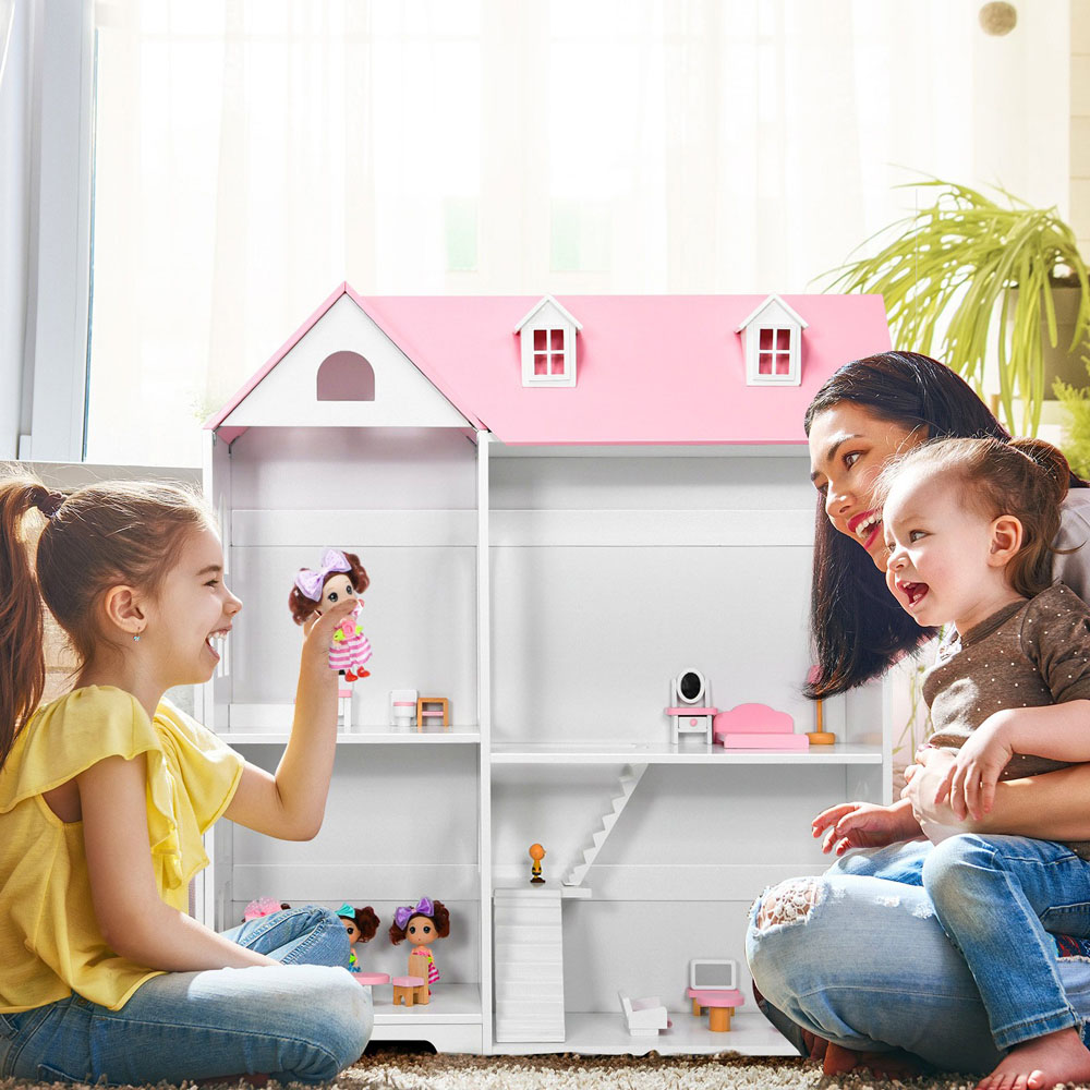 Costway Pink Large Wooden Dolls House Image 2