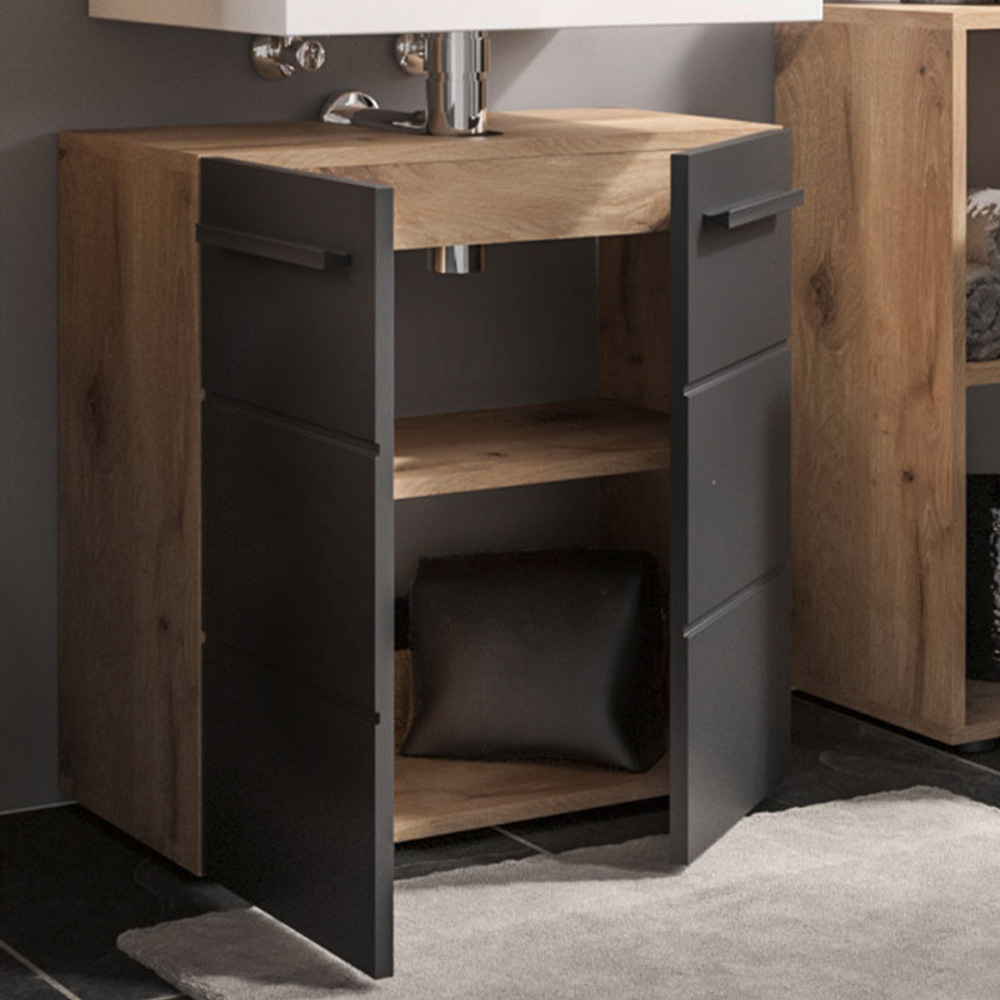 Julian Bowen Vista 2 Door Black and Viking Oak Bathroom Sink Cabinet Image 7