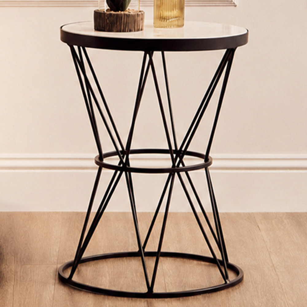 Premier Housewares Shalimar Black Metal Round Side Table with White Marble Top Image 1