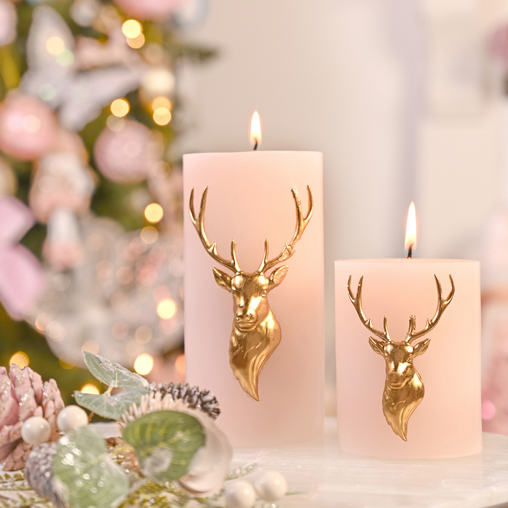The Seasonal Gift Co. Small Blush Gold Stag Pillar Candle Image 2