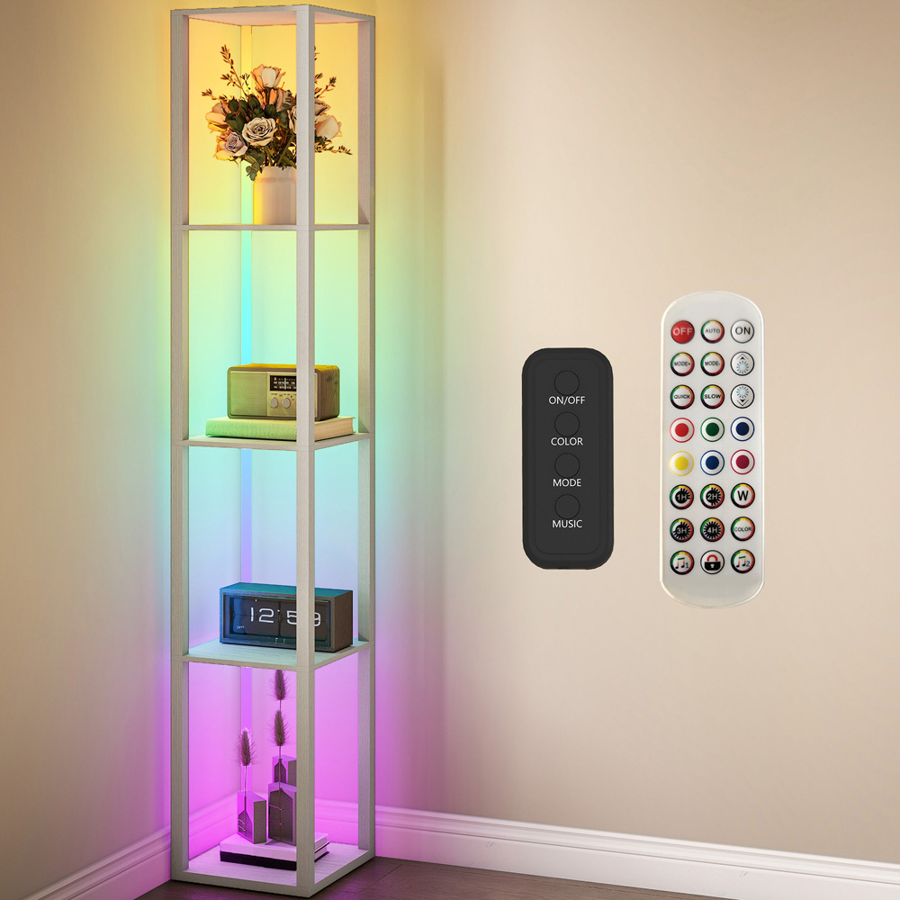 HOMCOM 4 Shelf Oak RGB LED Floor Lamp with Remote Image 2