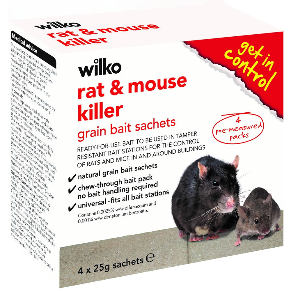 Wilko Rat and Mouse Killer Grain Bait Sachets 4 x 25g Image