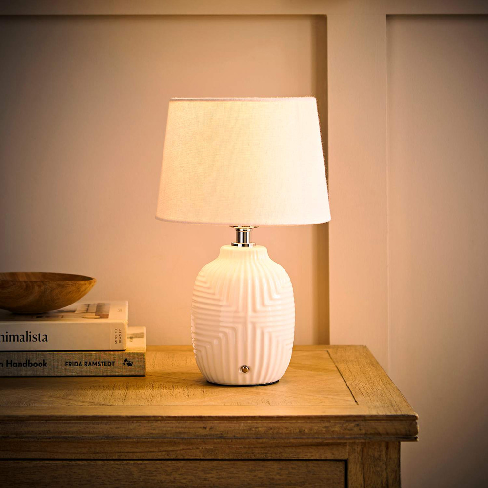 ValueLights Harrison White Geometric Ribbed Rechargeable Small Table Lamp Image 2