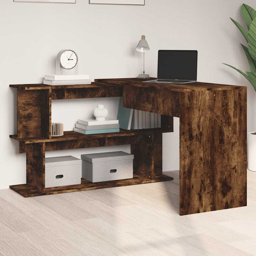vidaXL 2 Shelf Rotatable Corner Office Desk Smoked Oak Image 1