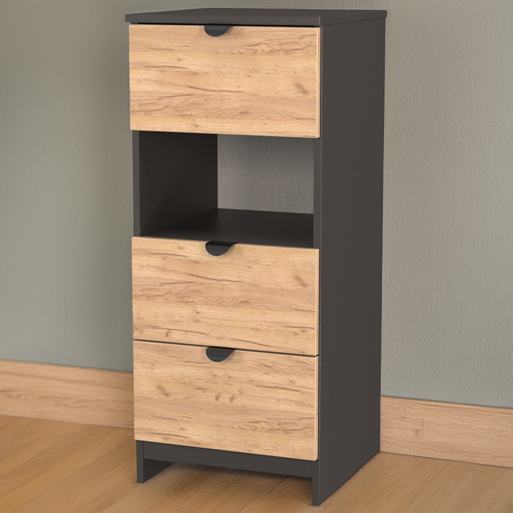 Crowndale Bora 3 Drawer Single Shelf Gold Oak and Graphite Bedside Cabinet Image 1