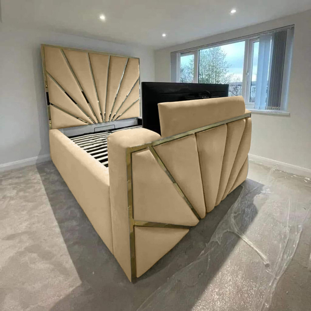 Eleganza Home Leniva King Size Beige Plush TV Bed Frame with Headboard and Footboard Image 2