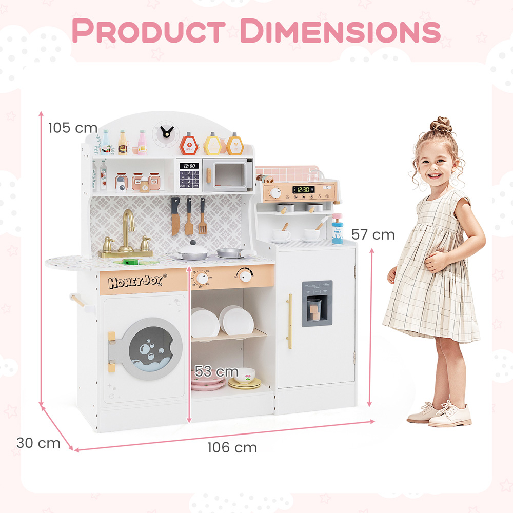 Costway White Kids Wooden Kitchen Play Set with Clock and Microwave Image 7
