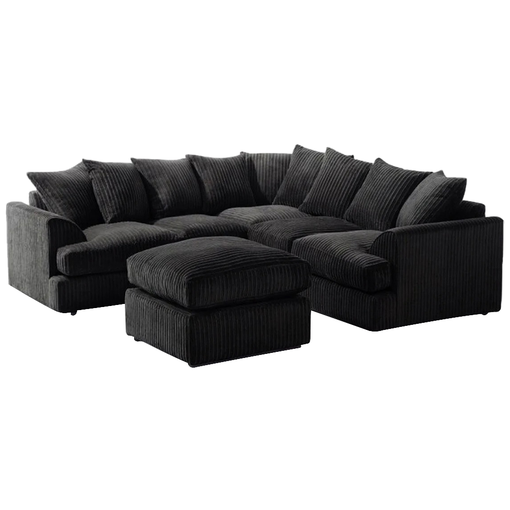Portland Lana Modern 5 Seater Black T Arm Jumbo Cord Sofa with Footstool Image 2