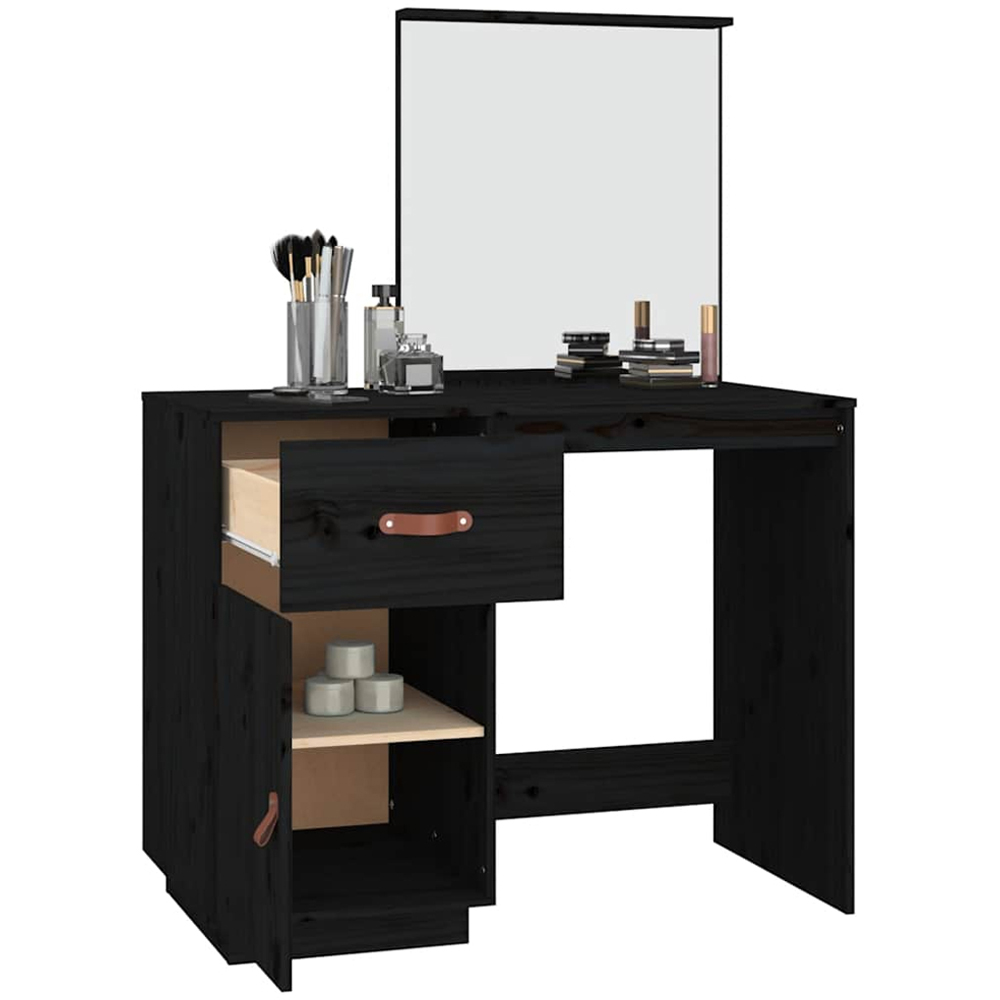 vidaXL Single Door Single Drawer Black Solid Wood Pine Dressing Table with Mirror Image 5