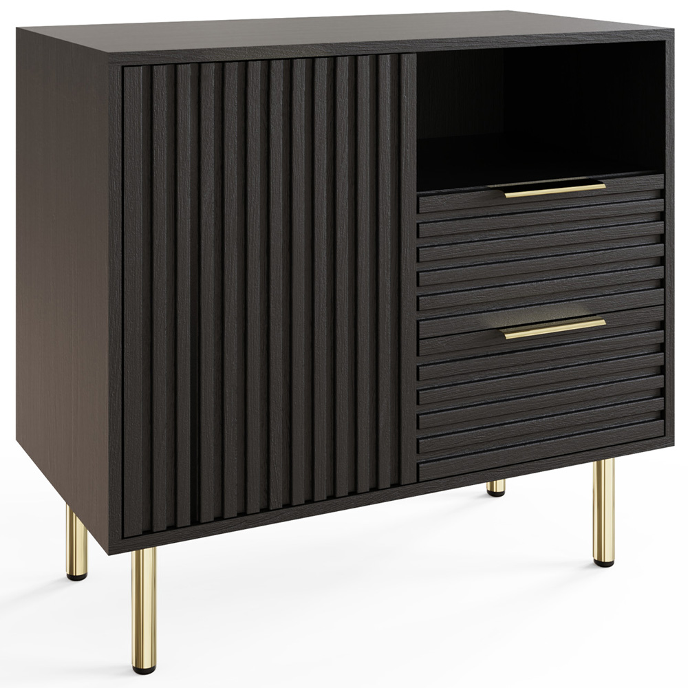 GFW Nervata Single Door 2 Drawer Single Shelf Black and Gold Ribbed Compact Sideboard Image 2