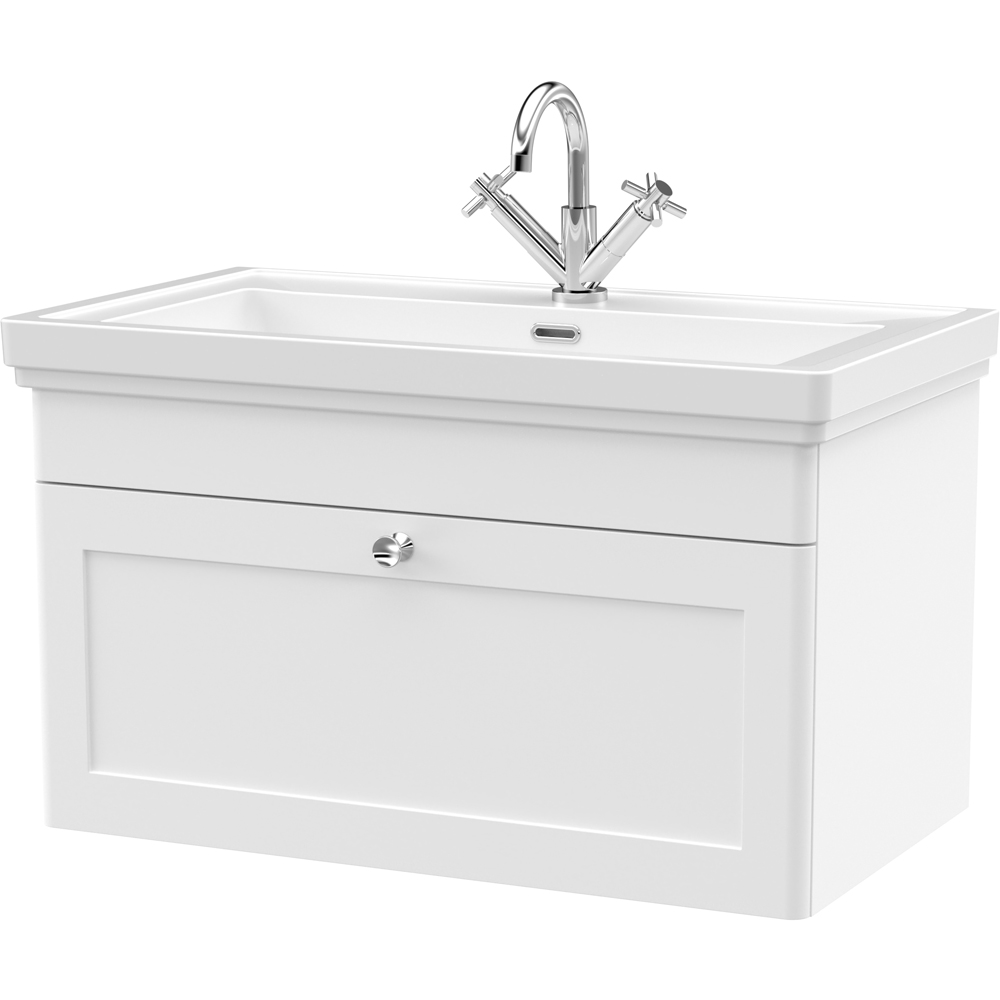 nuie Classique 1 Drawer Satin White Wall Hung Vanity Unit and 1 Tap Hole Fireclay Basin 800mm Image 1