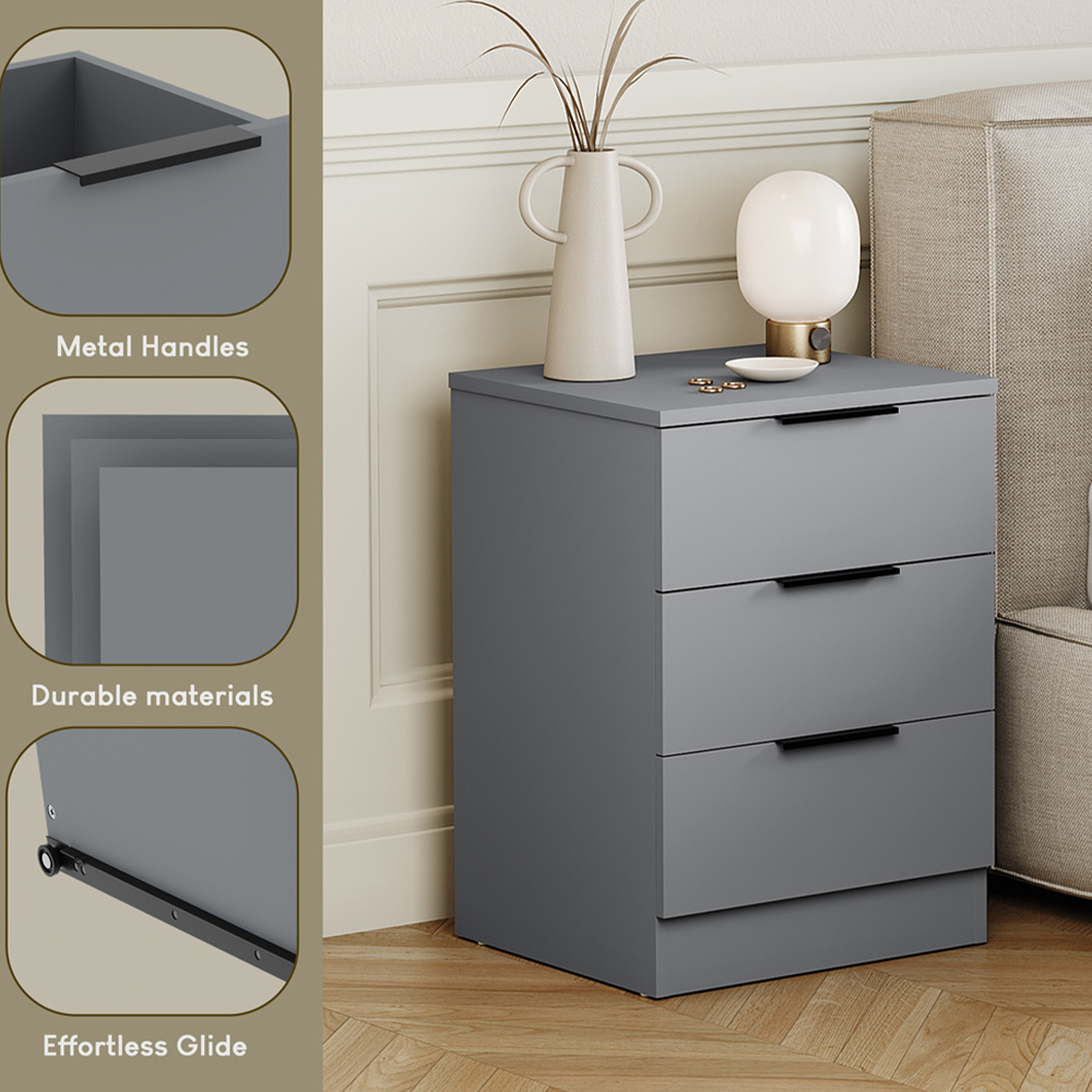 VIDA DESIGNS Trega 3 Drawer Grey Bedside Cabinet Set of 2 Image 6