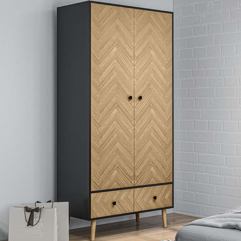 Portland 2 Door 2 Drawer Natural Wood and Black Wardrobe Image 1