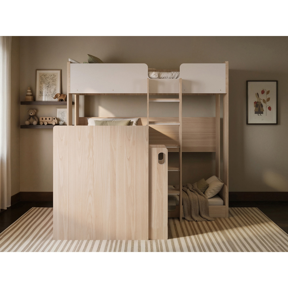 Flair Bode Triple Sleeper White and Oak L-Shaped Bunk Bed Image 5