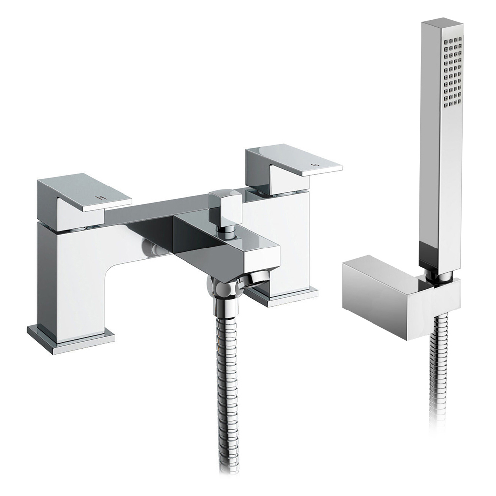 Nes Home Leon Modern Square Bridge Deck Mounted Bath Filler Tap with Shower Kit Image 1