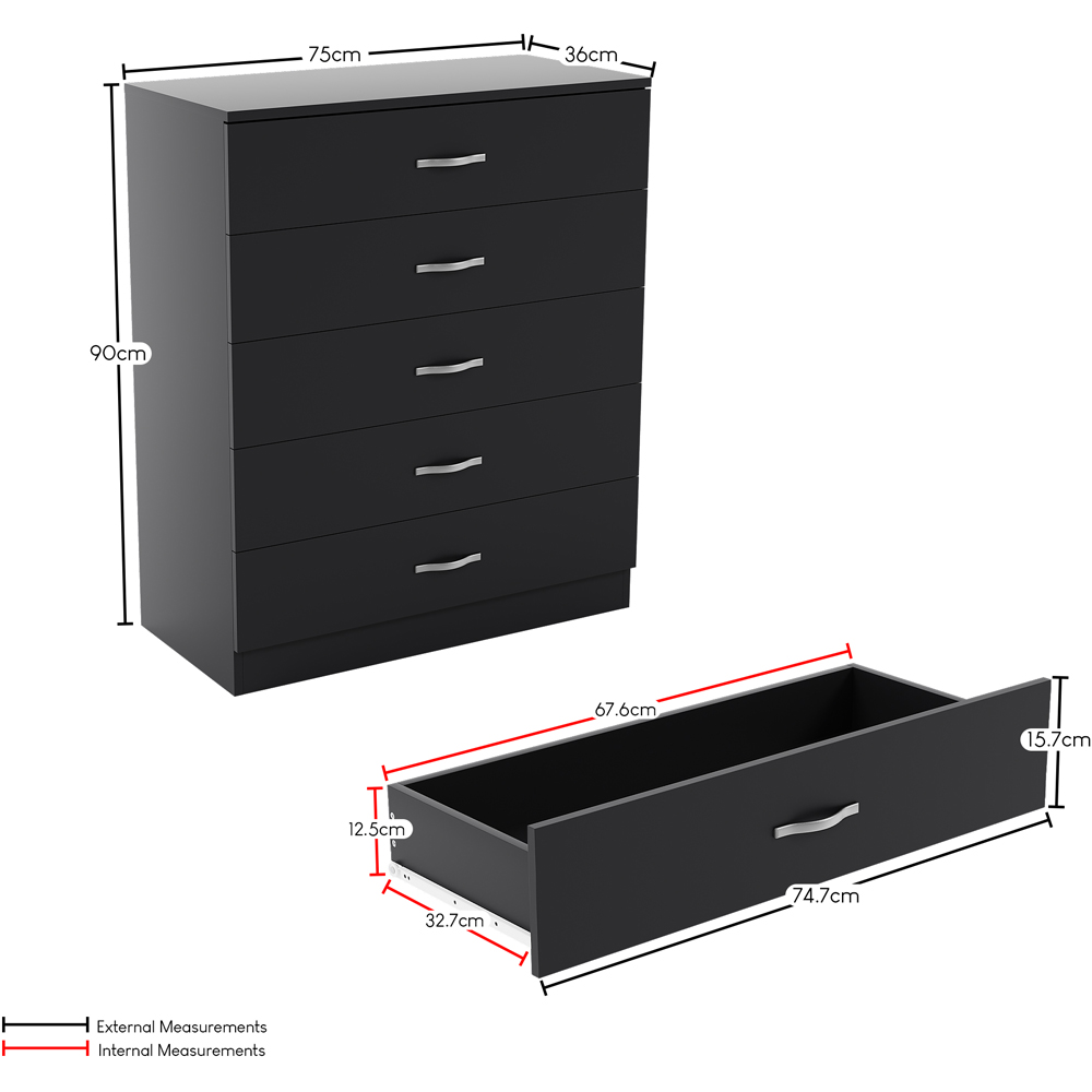 VIDA DESIGNS Riano 5 Drawer Black Unique Anti Bowing Chest of Drawers with Metal Handles Image 9