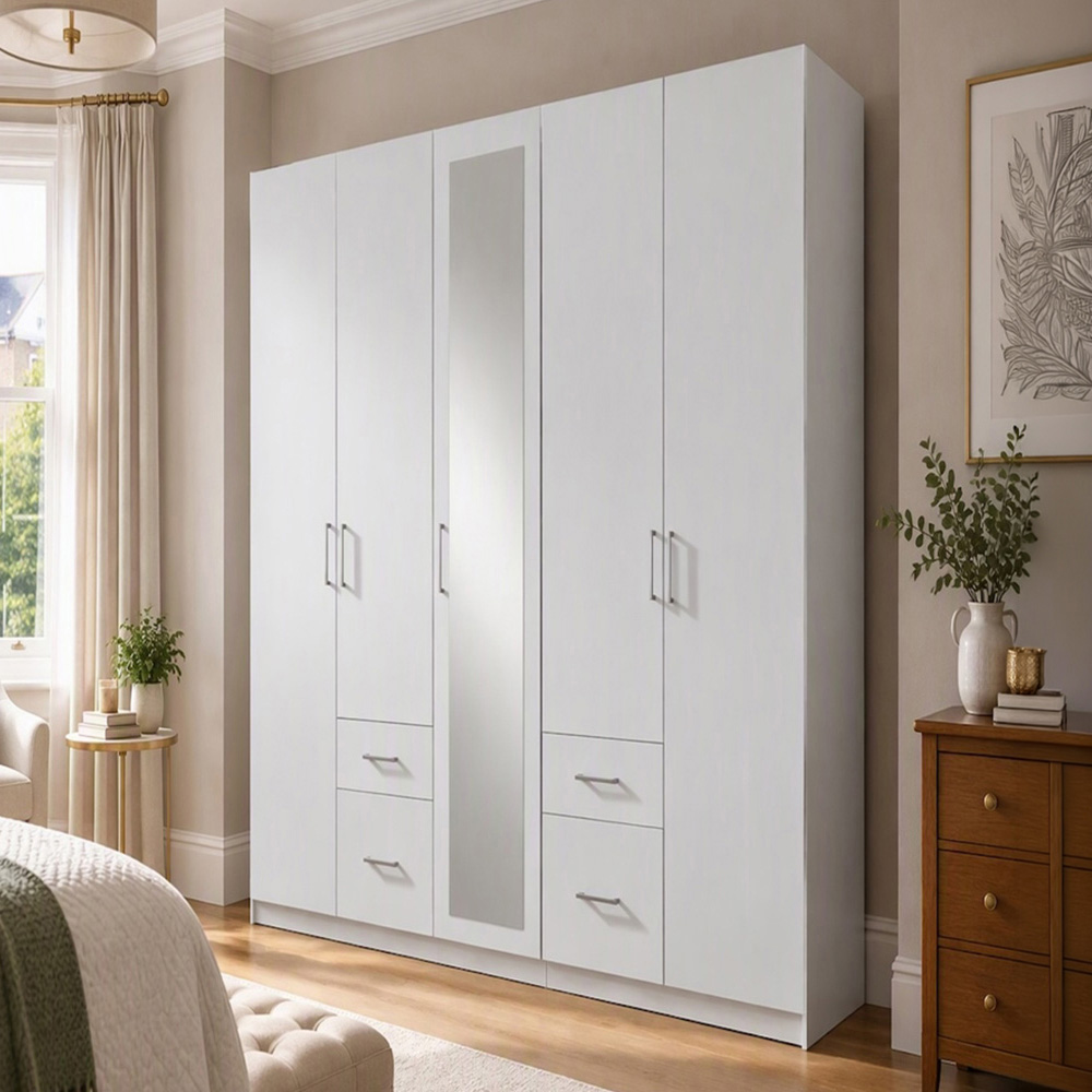 TJ'S Fly 5 Door 4 Drawer Wardrobe with Mirror Image 1