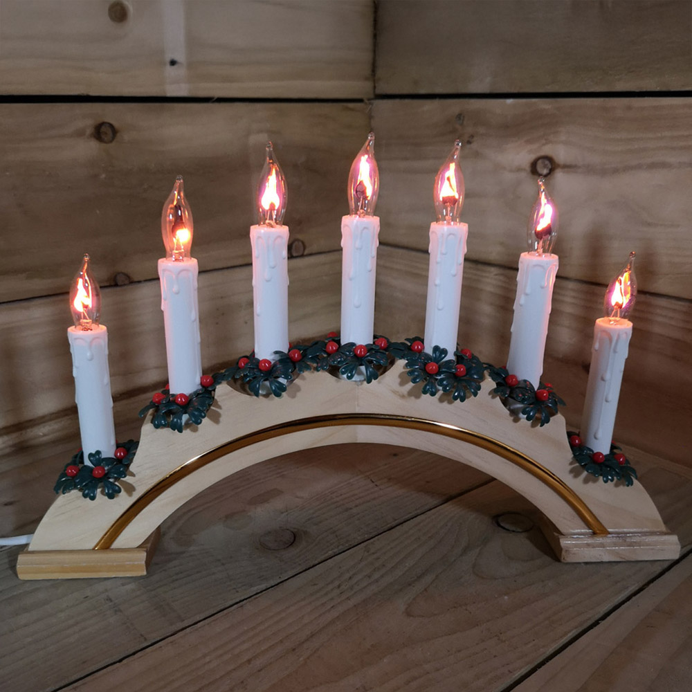 Premier 7 Flickering Warm White LED White Wooden Arched Christmas Candle Bridge Image 1