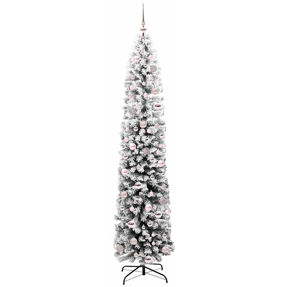 vidaXL 300 LED Pre-Lit Pink Baubles Green Artificial Snow Flocked Christmas Tree 7ft Image 4