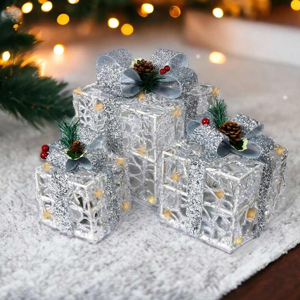 St Helens Silver LED Light Up Gift Box Christmas Decoration 3 Pack Image 1