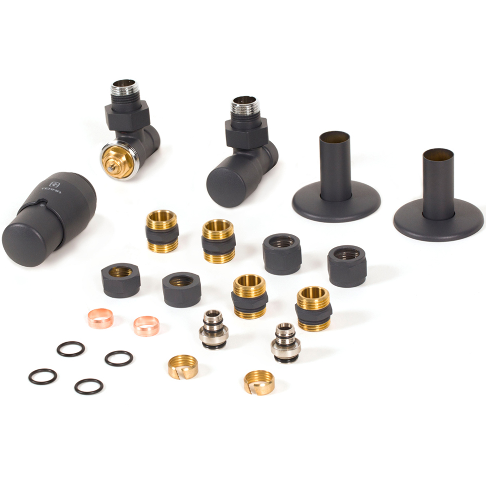 Terma Vario Modern Grey Royal Angled Thermostatic Radiator Valve Set with Pipe Masking Set Image 3