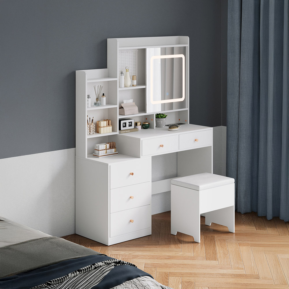 Living and Home 5 Drawer 6 Shelf White LED Dressing Table Set Image 8