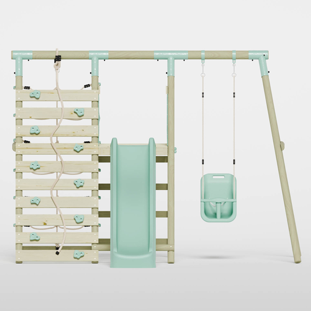 Mercia Wooden Round Pole Baby Seat Swing Set with Climbing Wall and Slide Image 3