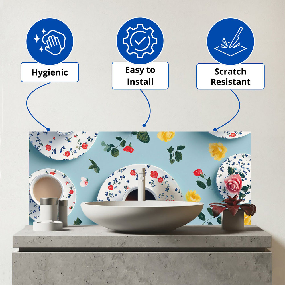 Warren Reed Designer Tea Cups and Roses Glass Bathroom Splashback 25 x 60cm Image 3