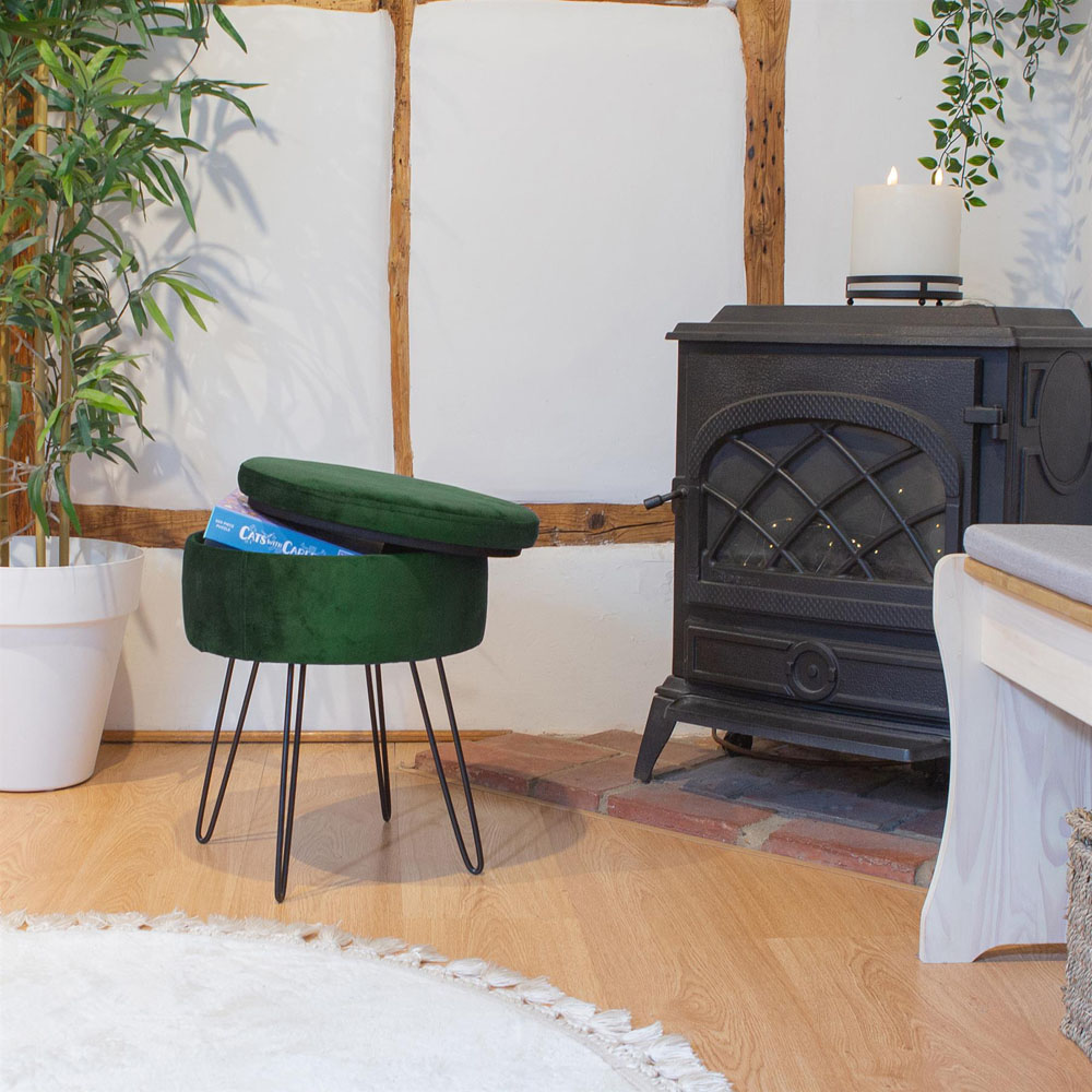 Harbour Housewares Green and Black Velvet Round Footstool with Storage Image 4