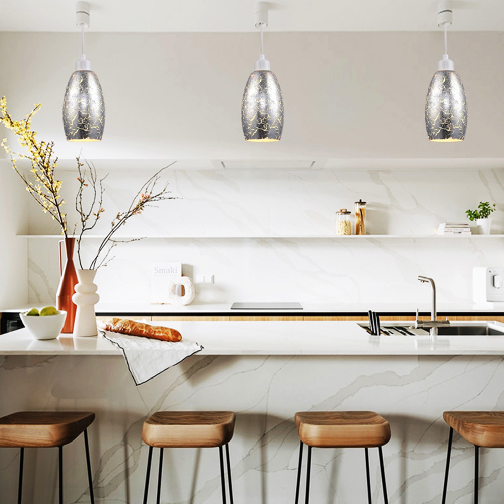 Happy Homewares Silver Foil Print Glass Curving Rectangular Body Pendant Shade Image 2