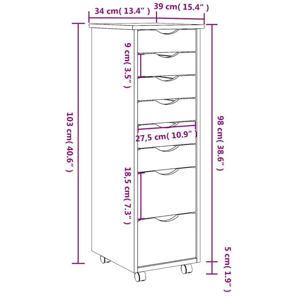 vidaXL 8 Drawer Brown Rolling Storage Cabinet Image 6