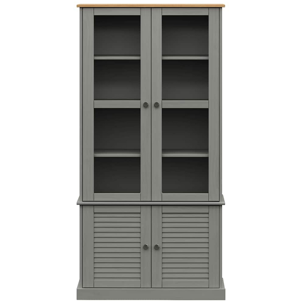 vidaXL 4 Door 4 Shelf Grey Solid Pine Wood Glass Display Cabinet Image 4