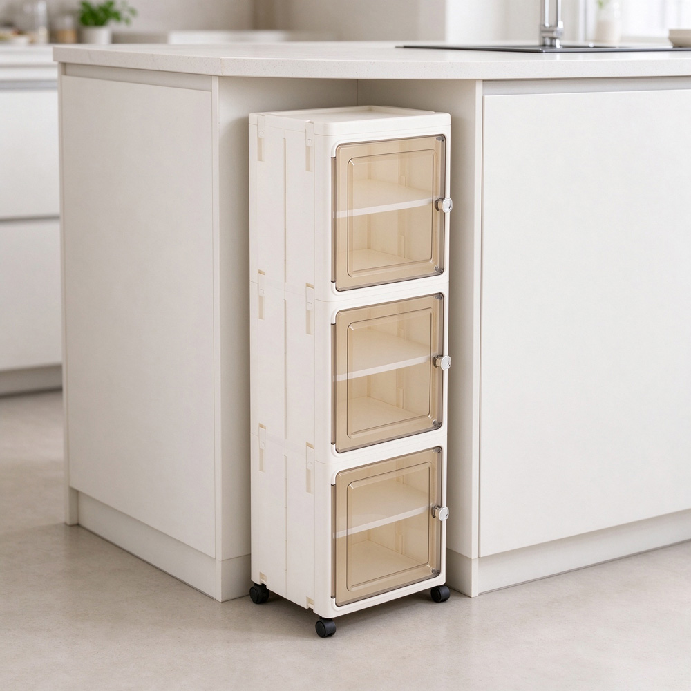 Living and Home 3-Tier White Storage Cabinet with Wheels Image 2