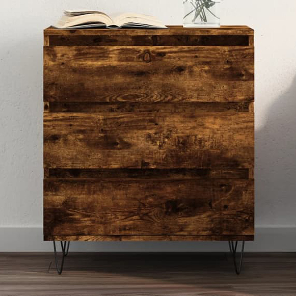 vidaXL 3 Drawer Smoked Oak Sideboard with Black Metal Legs Image 1