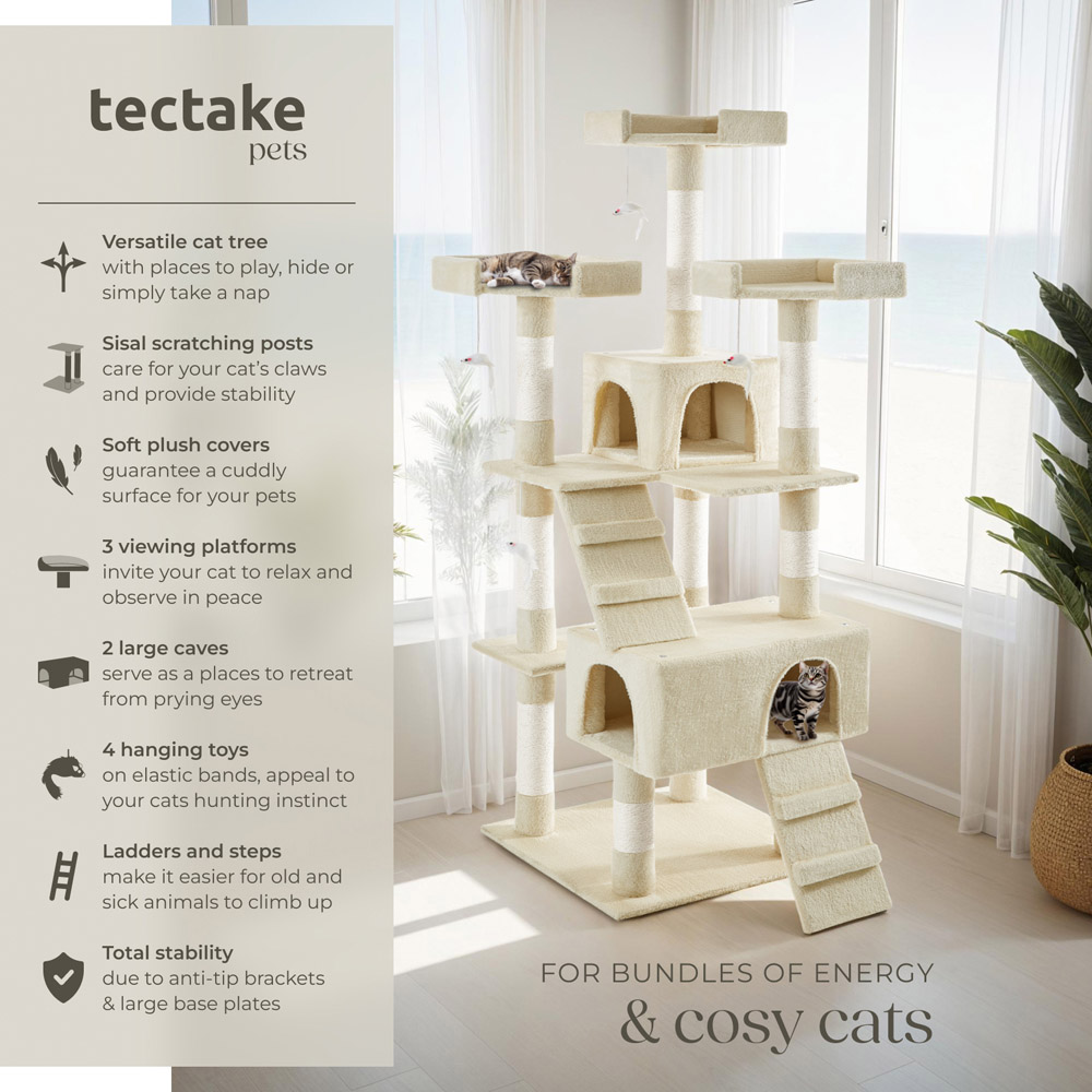 tectake Barney Beige Cat Tree with Scratching Posts 170cm Image 6