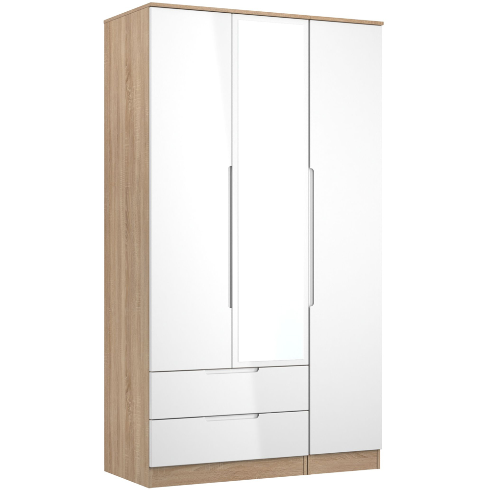 Crowndale Milan 3 Door 2 Drawer White Gloss Bardolino Oak Tall Mirrored Wardrobe Ready Assembled Image 5