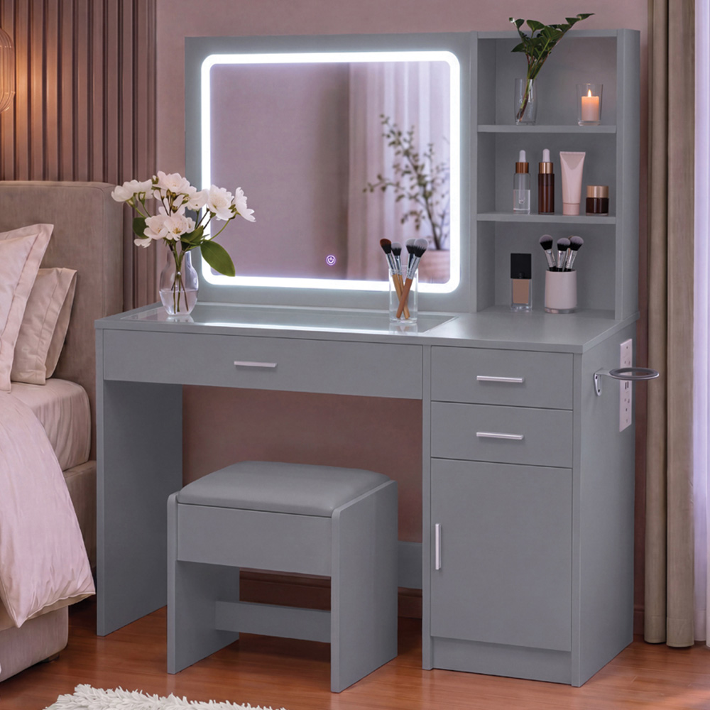 VIDA DESIGNS Clova Single Door 3 Drawer 2 Shelf Grey LED Dressing Table Set with Power Outlet Image 1