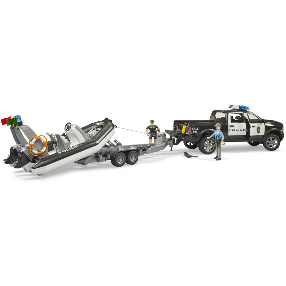 Bruder RAM 2500 Light and Sound Police Pickup Wagon with Trailer Boat and 2 Figures Image 6