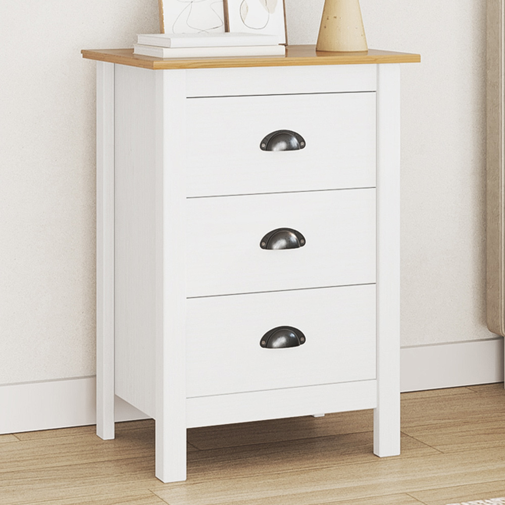 vidaXL Hill 3 Drawer White and Honey Brown Solid Pine Wood Bedside Table Image 1