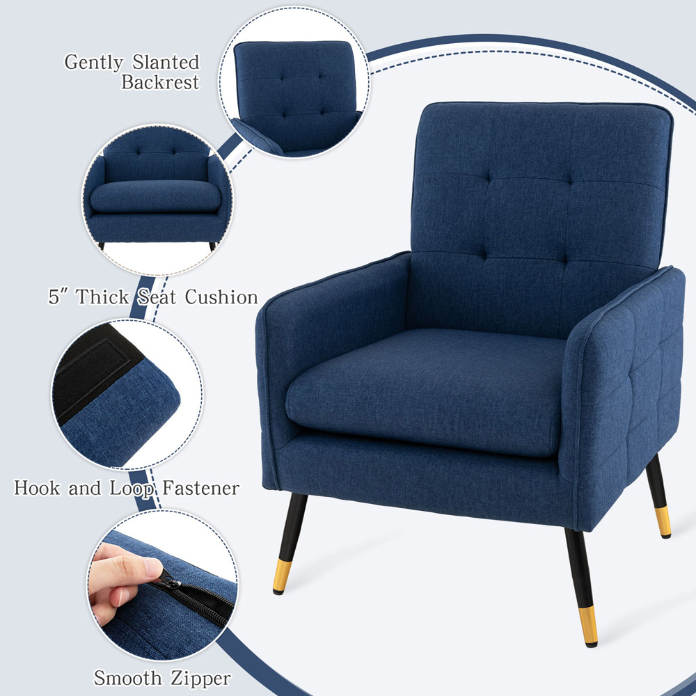 Costway Blue Linen Fabric Accent Chair with Removable Seat Cushion Image 7
