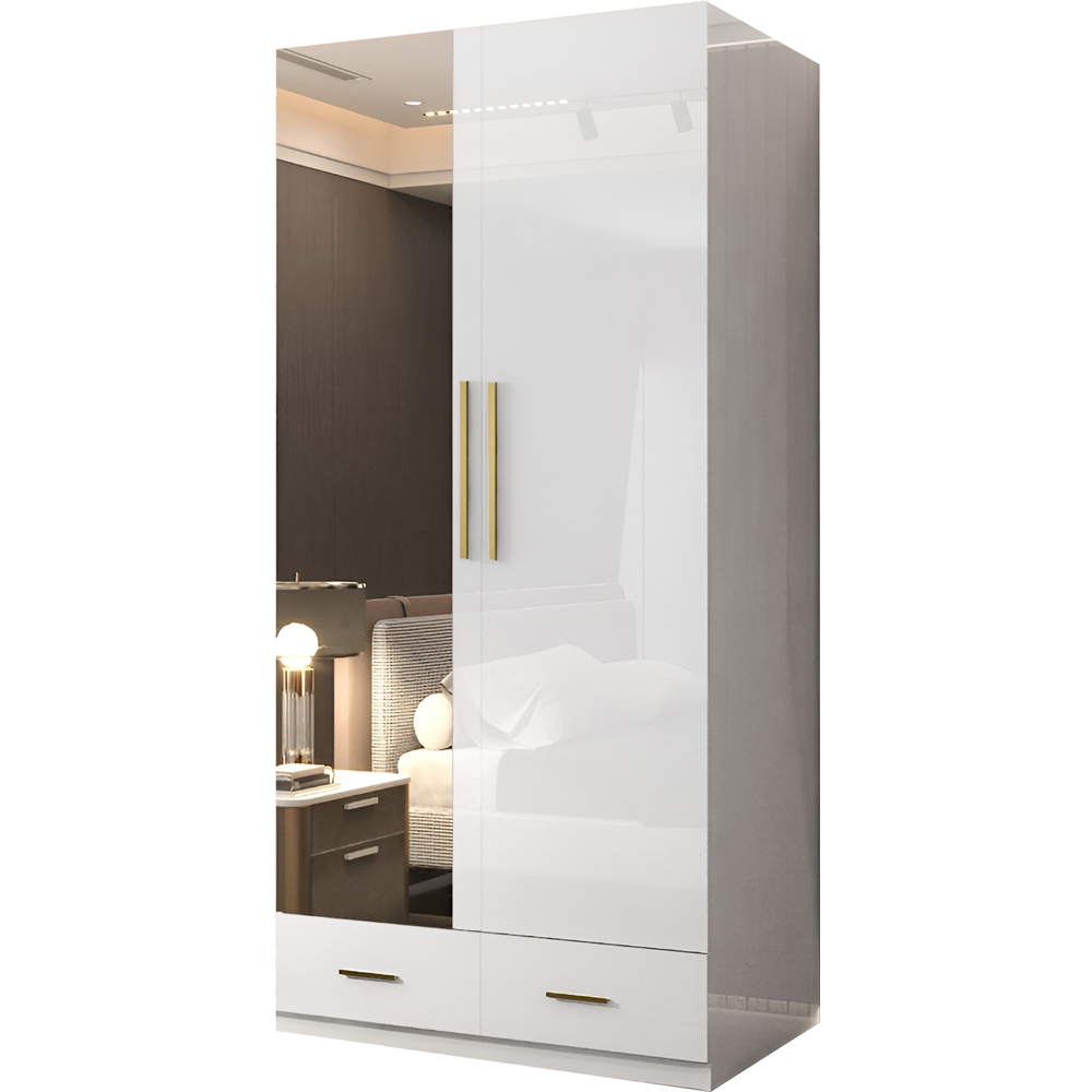 Sliding Wardrobes 4U XD4 2 Door 2 Drawer White High Gloss Gold Handle Mirror Wardrobe Image 2