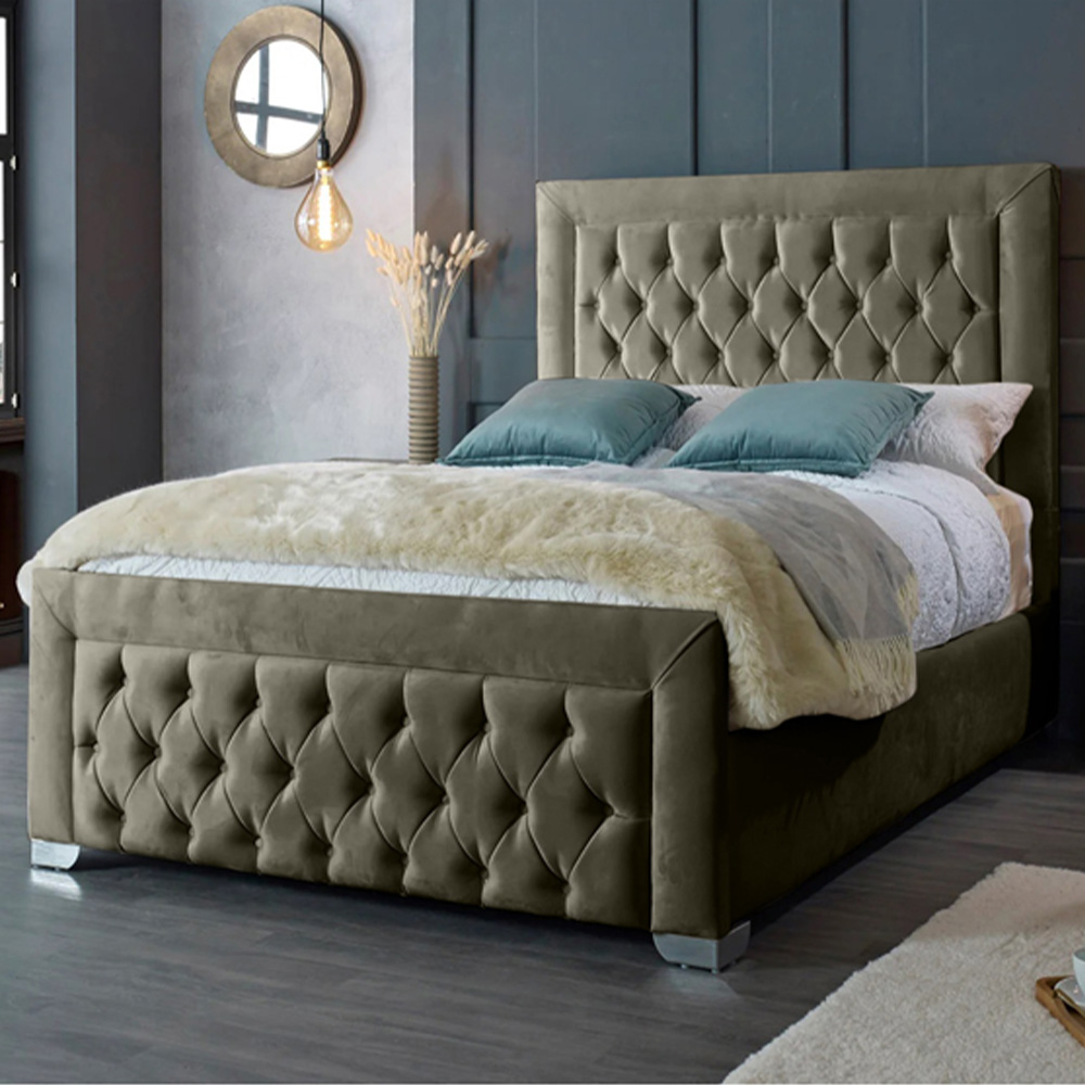 Eleganza Home Gelson Double Grey Plush Velvet Bed Frame with Chesterfield Headboard Image 1