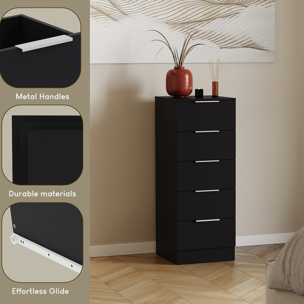 VIDA DESIGNS Trega 5 Drawer Black Narrow Bedside Cabinet Image 8