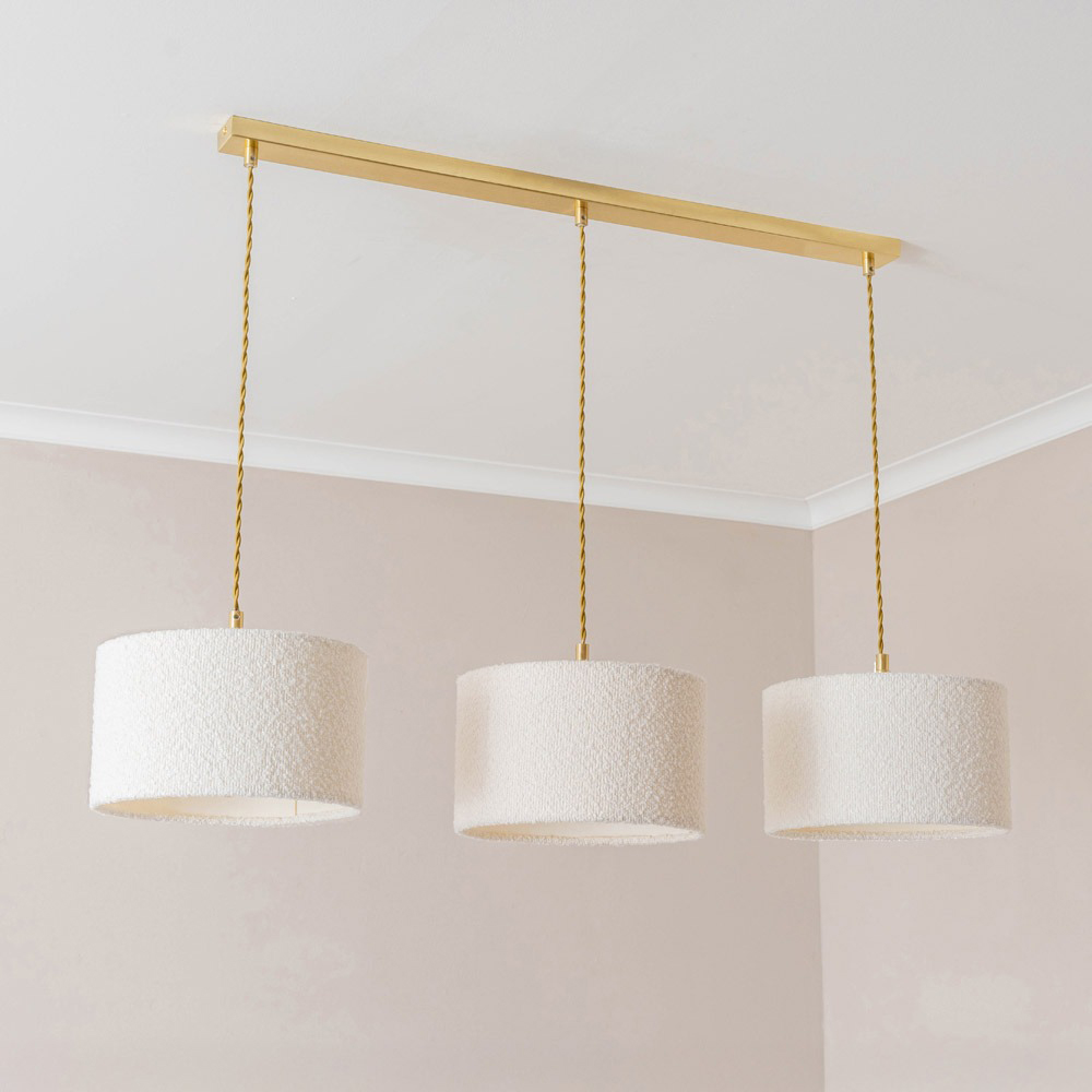 ValueLights Reni Cream Boucle Drum Shade 3 Drop Bar Gold Diner LED Ceiling Light Image 3