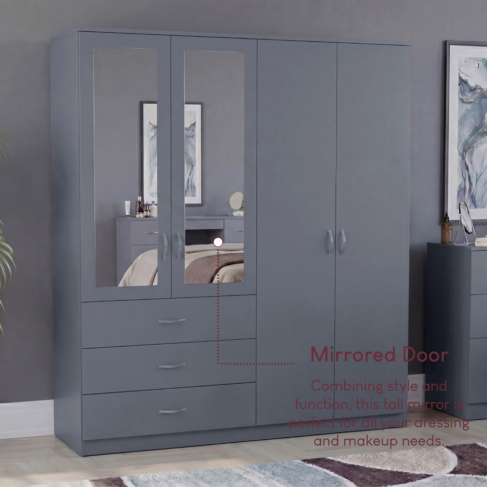 VIDA DESIGNS Riano 4 Door 3 Drawer Grey Mirrored Wardrobe Image 6